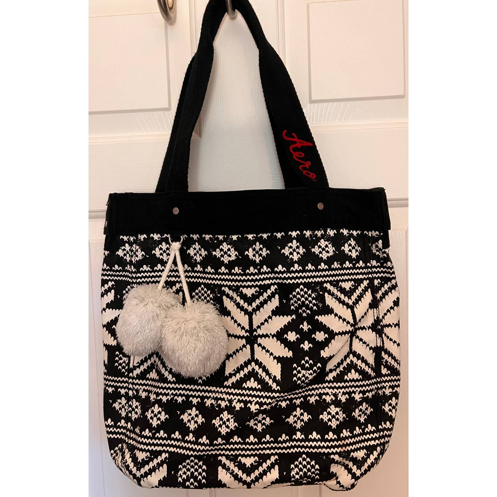 Aeropostale Tote Bag with Silver White Pom Pom's 12"‎ Tall x 16" Wide